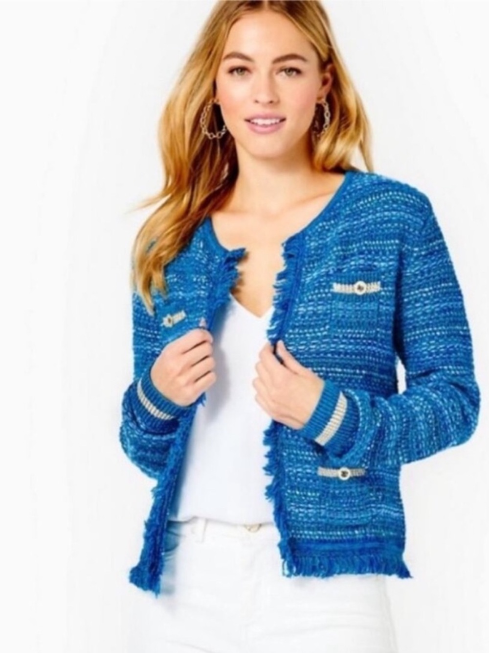 Lilly Pulitzer Beckington Cardigan in Blue Grotto Metallic Tweed Small